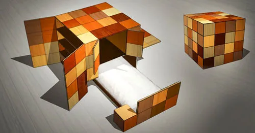 Cameretta Cubo in legno multistrato con letto trasformabile, armadio laterale, vano contenitore e scrittoio integrato